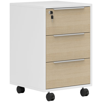 HOMCOM Three-Drawer Locking Filing Cabinet - Oak/White