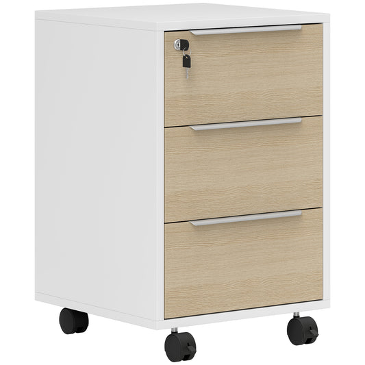 HOMCOM Three-Drawer Locking Filing Cabinet - Oak/White