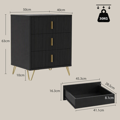 HOMCOM Modern 3-Drawer Dresser, Fluted Bedroom Dresser Chest of Drawers with Metal Legs and Steel Handles for Bedroom, Black