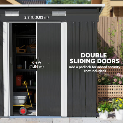 Outsunny 7 x 4ft Outdoor Storage Shed with Foundation Kit, Lean to Metal Garden Shed for Log, Rubbish Bin, Tool, Lawnmower, Bike, Patio and Lawn Use, Black