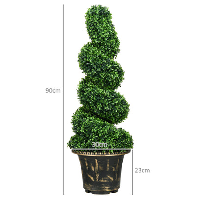 HOMCOM Set of 2 Artificial Plants, Topiary Spiral Boxwood Trees with Pot, for Home Indoor Outdoor Decor, 90cm