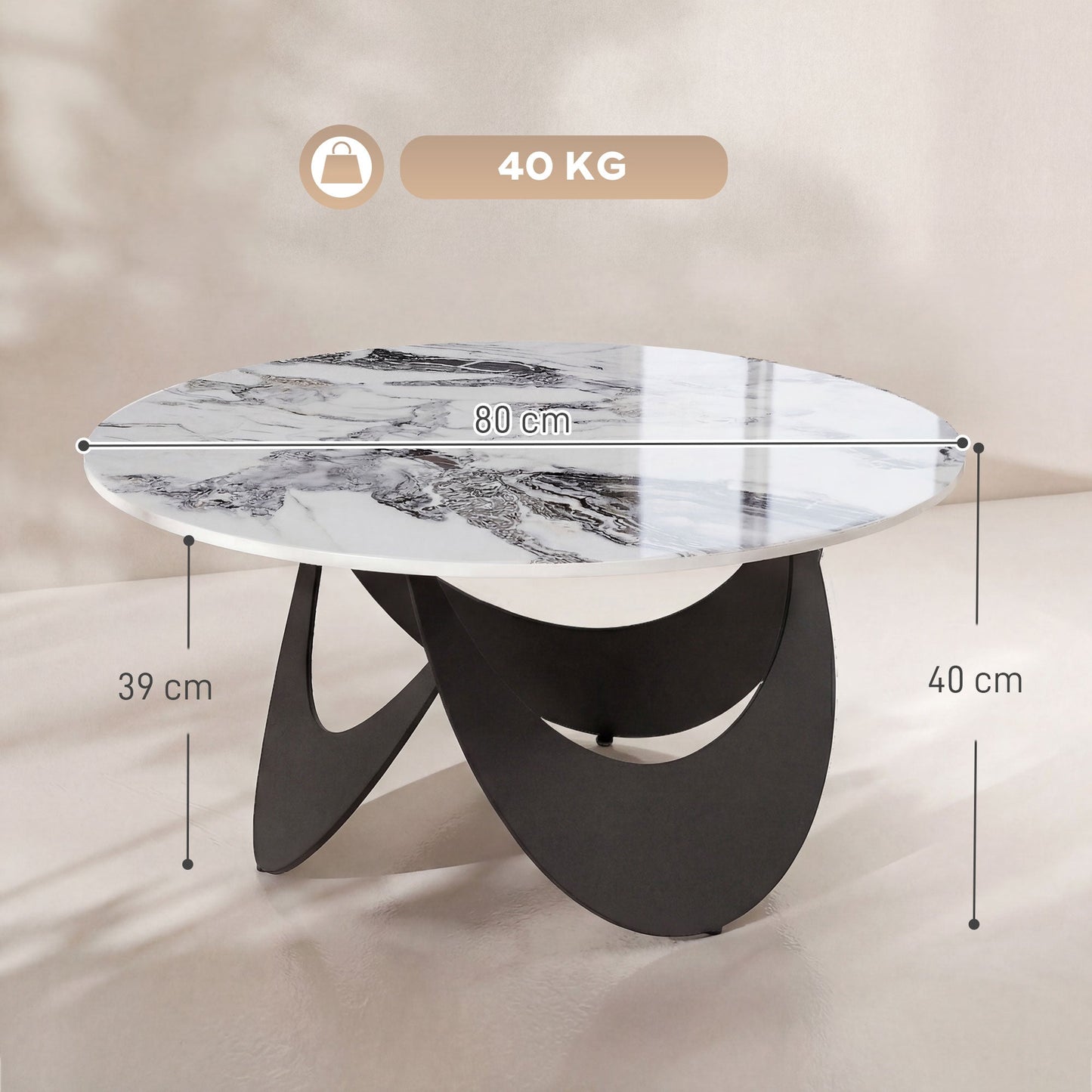 HOMCOM Coffee Table Sintered Stone Top Adjustable Foot Pads Modern Center Table for Living Room White and Black