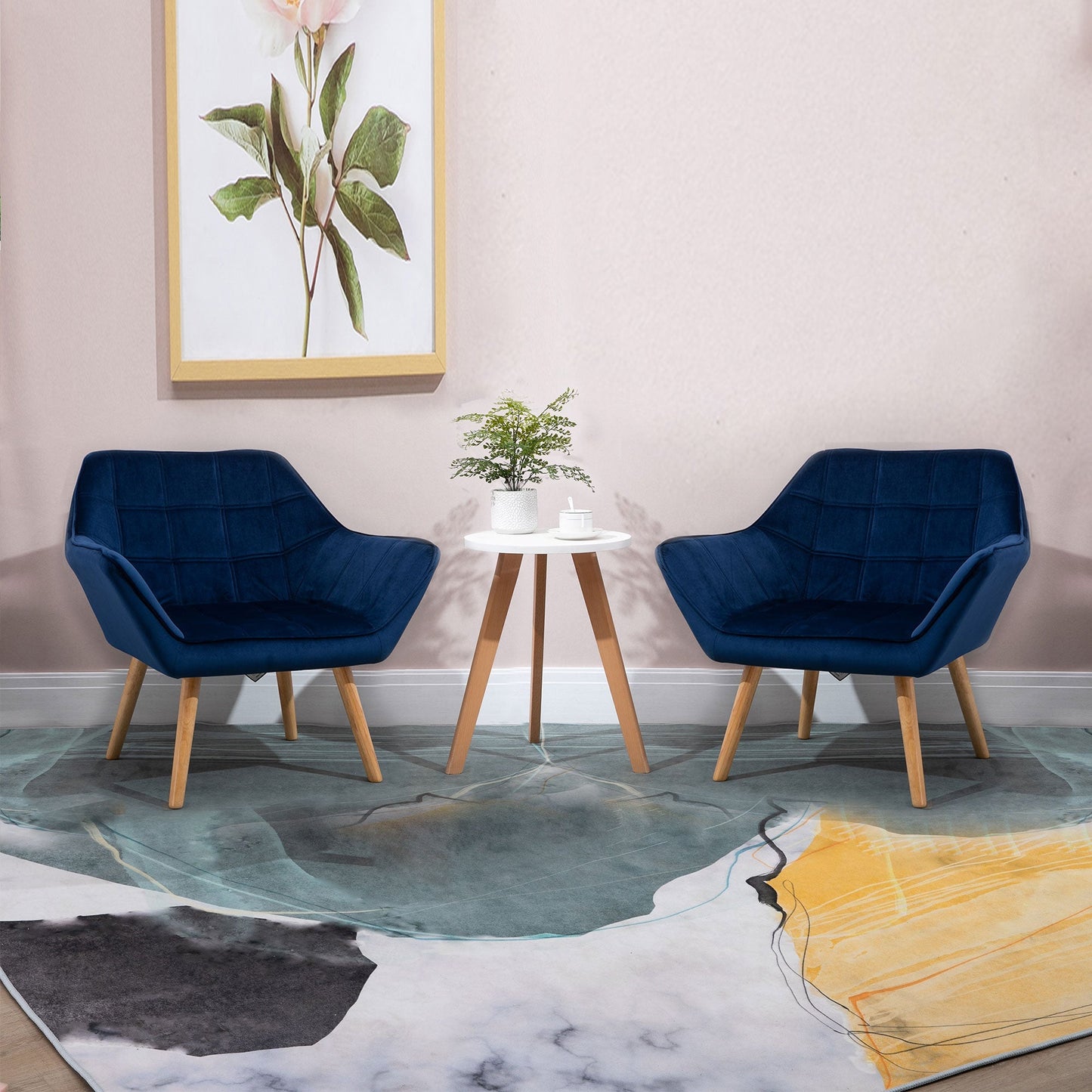 HOMCOM Armchair Accent Chair, Vanity Chair with Wide Arms, Slanted Back, Padding, Metal Frame, Wooden Legs, Home Bedroom Furniture Seating, Set of 2, Blue