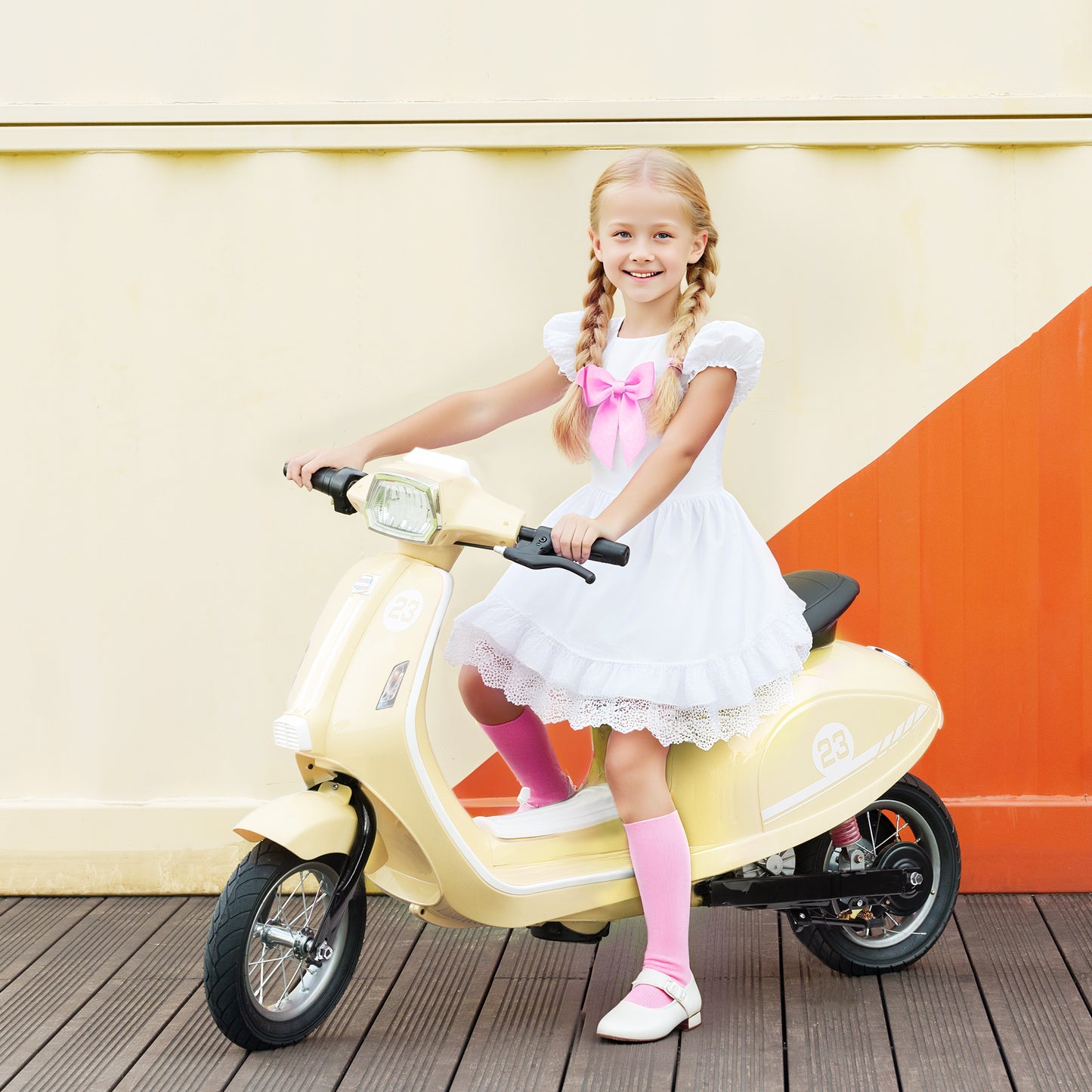 AIYAPLAY 24V Kids Electric Motorbike, Ride on Motorcycle with Manual Throttle, Brakes and LED Lights for Ages 8-12 Years, Beige