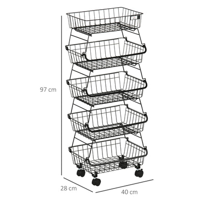 HOMCOM 5 Tier Storage Trolley, Stackable Fruit Vegetable Cart for Kitchen, Living Room, 40 x 2 x 97 cm, Black