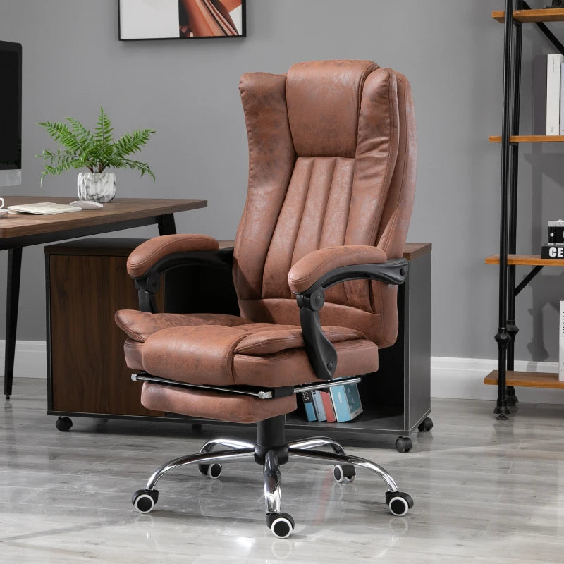 Vinsetto Reclining Office Chair with Massage and Heat, Microfibre Computer Desk Chair with Footrest for Home with Adjustable Height, Padded Arm, Swivel Wheels, Brown