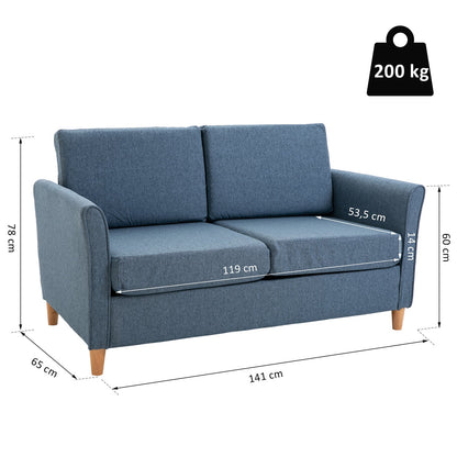 Linen Upholstery 2-Seat Sofa Floor Sofa Living Room Furniture with Armrest Wooden Legs Blue