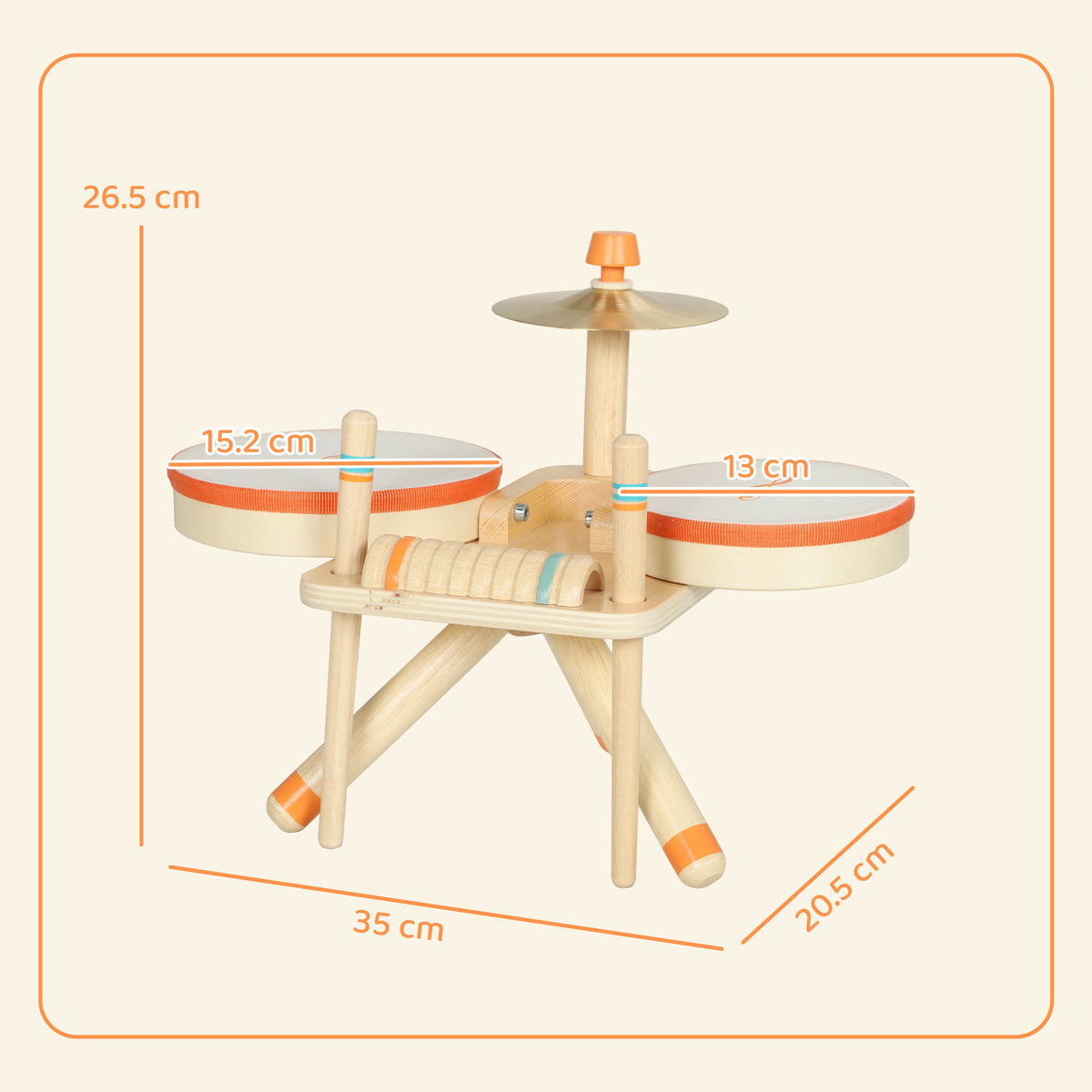 AIYAPLAY Kids Drum Kit, Wooden Musical Instruments with 2 Drums, Cymbal, Scraper, 2 Mallets for Toddlers, Music Learning, Natural