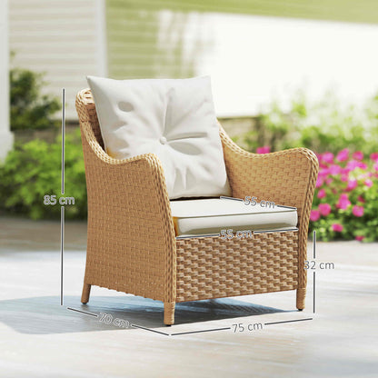 Outsunny Rattan Garden Chairs Set of 2, Outdoor Rattan Chairs with Cushions, Armrests and High Back, PE Wicker Garden Armchair with Steel Frame for Balcony, Porch, Beige