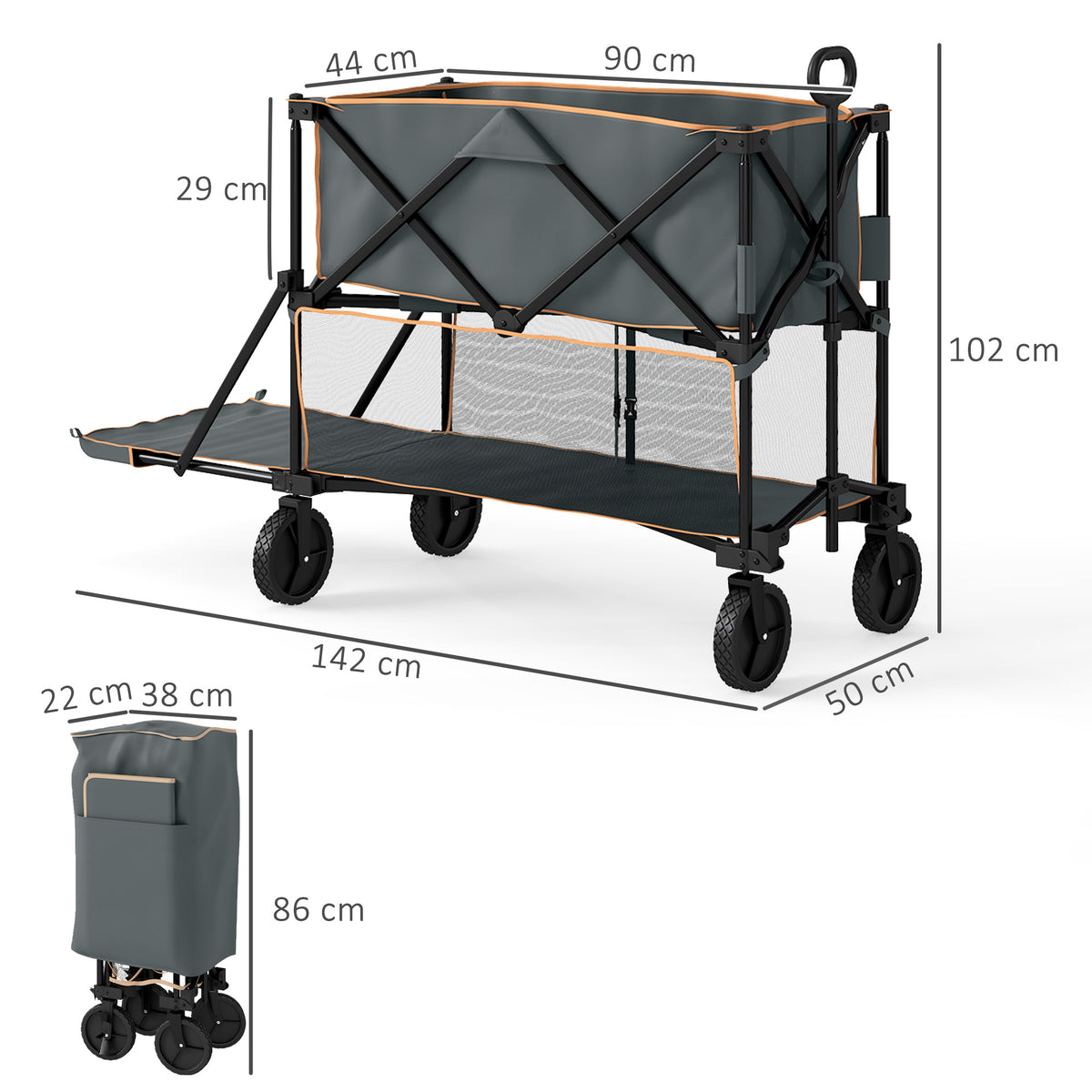 Outsunny Double Decker Folding Festival Trolley on Wheels, 200KG & 350L Capacity Collapsible Wagon Festival Trolley Cart with 134cm Extended for Camping Sports Shopping Garden and Beach, Grey