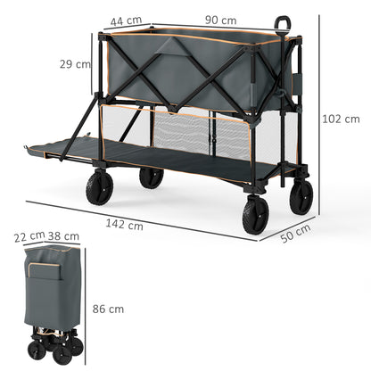 Outsunny Double Decker Folding Festival Trolley on Wheels, 200KG & 350L Capacity Collapsible Wagon Festival Trolley Cart with 134cm Extended for Camping Sports Shopping Garden and Beach, Grey