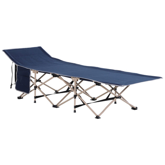 Outsunny Single Person Camping Bed Folding Cot Outdoor Patio Portable Military Sleeping Bed Travel Guest Leisure Fishing with Side Pocket and Carry Bag - Blue