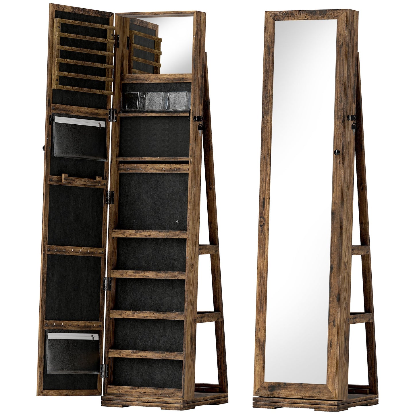 HOMCOM 360  Swivel Jewellery Cabinet, Free Standing Full Length Mirror with Storage, Lockable Jewellery Organiser with Built-in Makeup Mirror and Storage Shelves for Bedroom, Rustic Brown