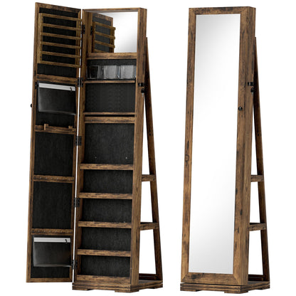 HOMCOM 360  Swivel Jewellery Cabinet, Free Standing Full Length Mirror with Storage, Lockable Jewellery Organiser with Built-in Makeup Mirror and Storage Shelves for Bedroom, Rustic Brown