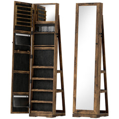 HOMCOM 360  Swivel Jewellery Cabinet, Free Standing Full Length Mirror with Storage, Lockable Jewellery Organiser with Built-in Makeup Mirror and Storage Shelves for Bedroom, Rustic Brown