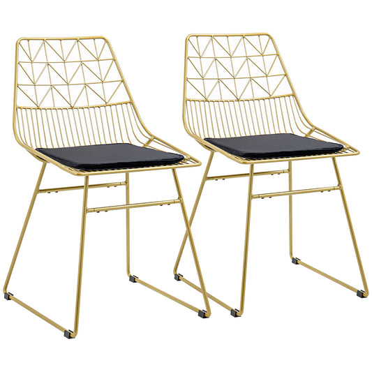 HOMCOM Luxurious Dining Chairs Set of 2, Metal Wire Kitchen Chair with Removable Velvet-feel Cushion, Cut-out Back and Steel Frame for Dining Room, Gold Tone