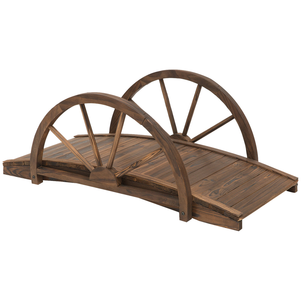 Outsunny Wooden Garden Bridge Lawn Decor Stained Finish Arc Outdoor Pond Walkway Yard Decoration Half Wheeled Railings 100L x 50W x 37Hcm