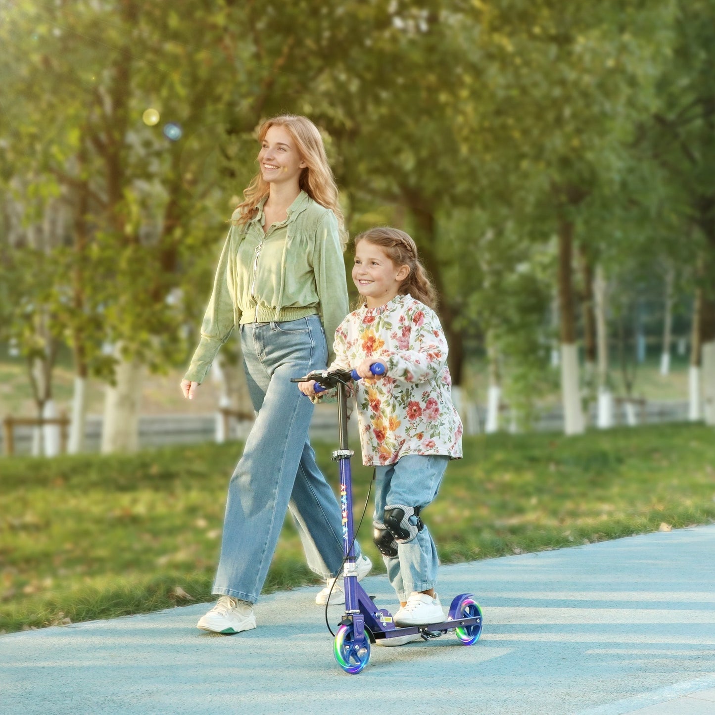 AIYAPLAY Scooter for Kids Aged 3-8 Years, with Adjustable Handle, Two Light Up Wheels, Handbrake, Rear Brake, Blue