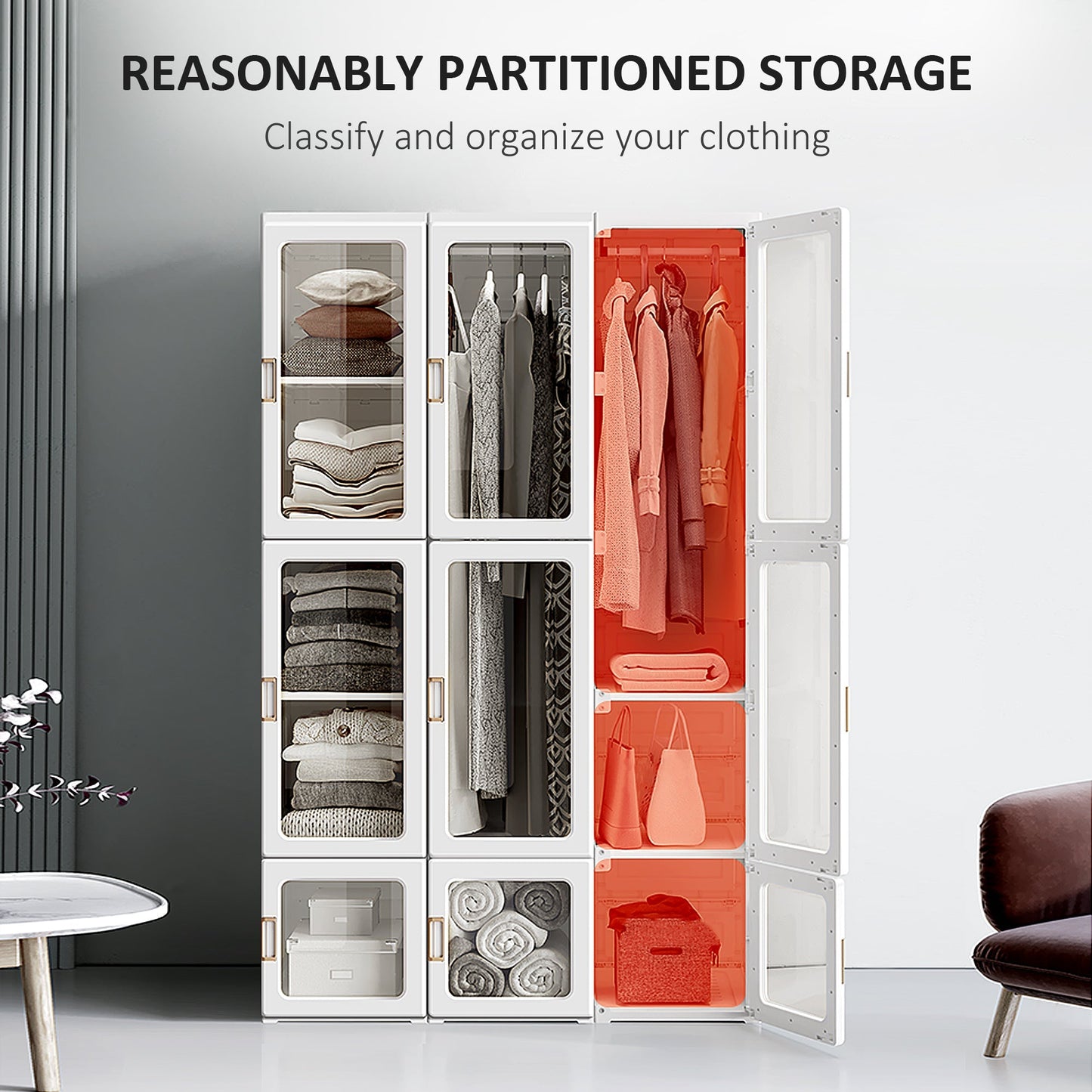 HOMCOM Portable Clothes Wardrobe for Bedroom, Foldable Clothes Organiser with Cube Storage, Hanging Rods, Magnet Doors, White