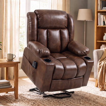 HOMCOM Riser Recliner Chair with Massage and Heat for Elderly, PU Leather Power Electric Lift Armchair, Cup Holders, Brown