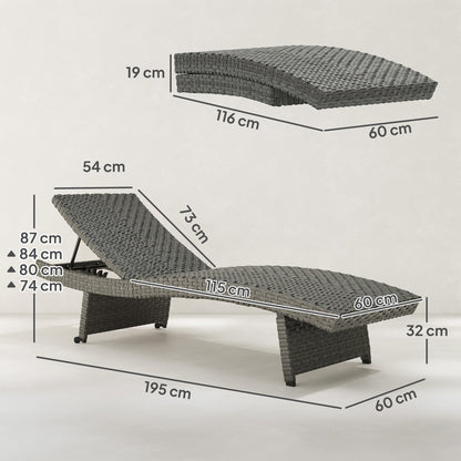 Outsunny Outdoor PE Rattan Sun Lounger, Folding Wicker Garden Lounger Recliner with 4-Level Adjustable Backrest, Rolling Sunbed Lounge Chair with Wheels, Non-Slip Legs for Balcony, Beach, Mixed-grey