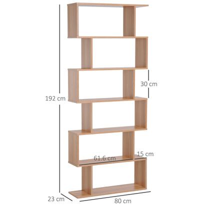 HOMCOM Bookcase, 6 Tier Shelf S Shaped Bookshelf, Storage Unit, Display Shelf for Living Room, Bedroom, Home Office, Plant, Maple