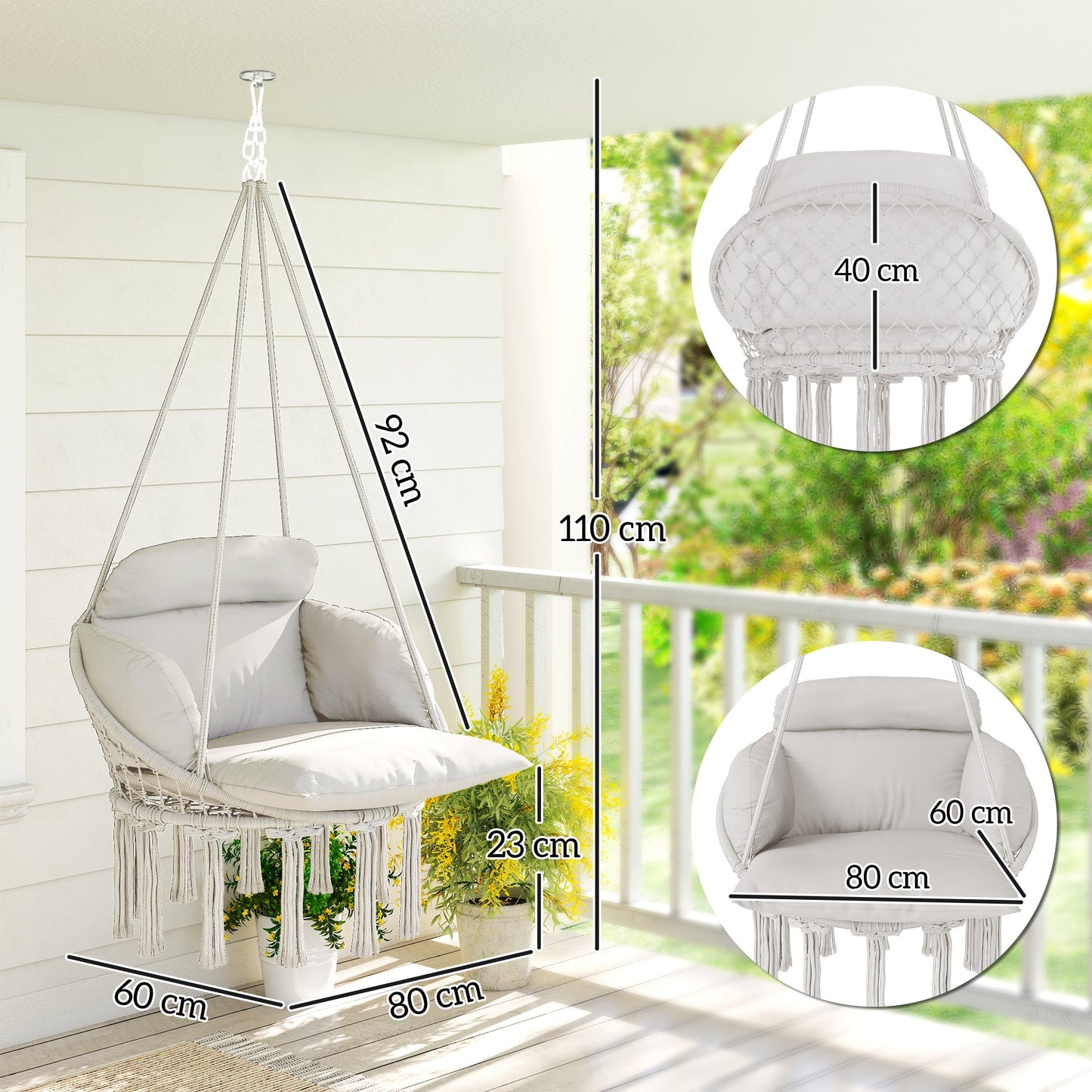 Outsunny Hanging Chair Outdoor Hammock Chair with Soft Cushion, Cotton Rope Boho Style Swing Chair, Hanging Garden Swing Seat for Indoor Outdoor, Cream White
