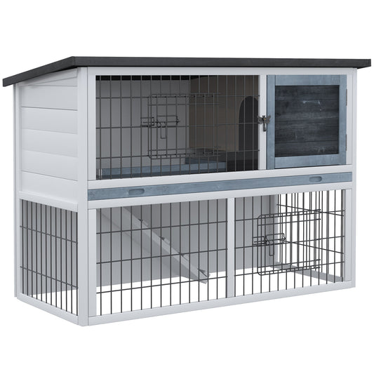 PawHut Small Animal Two-Level Fir Wood Hutch w/ Slide Out Tray Grey