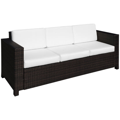 Outsunny 3 Seater Rattan Sofa, All-Weather Wicker Weave Metal Frame Chair with Fire Resistant Cushion, Brown