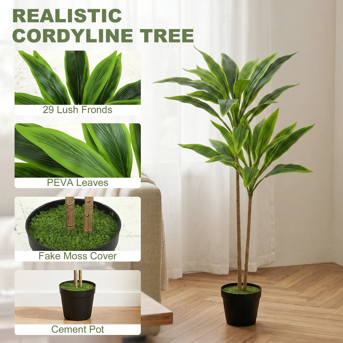 HOMCOM 90 cm Artificial Cordyline Tree in Moss Effect Pot, Realistic PEVA Faux Plant, Green