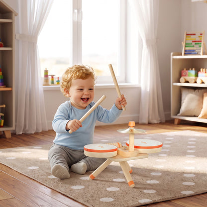 AIYAPLAY Kids Drum Kit, Wooden Musical Instruments with 2 Drums, Cymbal, Scraper, 2 Mallets for Toddlers, Music Learning, Natural