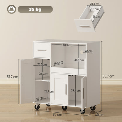 HOMCOM Rolling Kitchen Cart, Microwave Cabinet with Sliding Tray, Drawer, 3-Door Cupboards, Adjustable Shelf, White