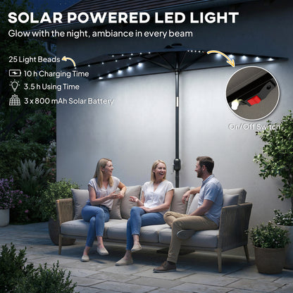 Outsunny 2.6 m Half Garden Parasol with Solar LED Lights, UPF50+ Semi Round Umbrella with 30° Tilt, Crank Handle, Dark Grey