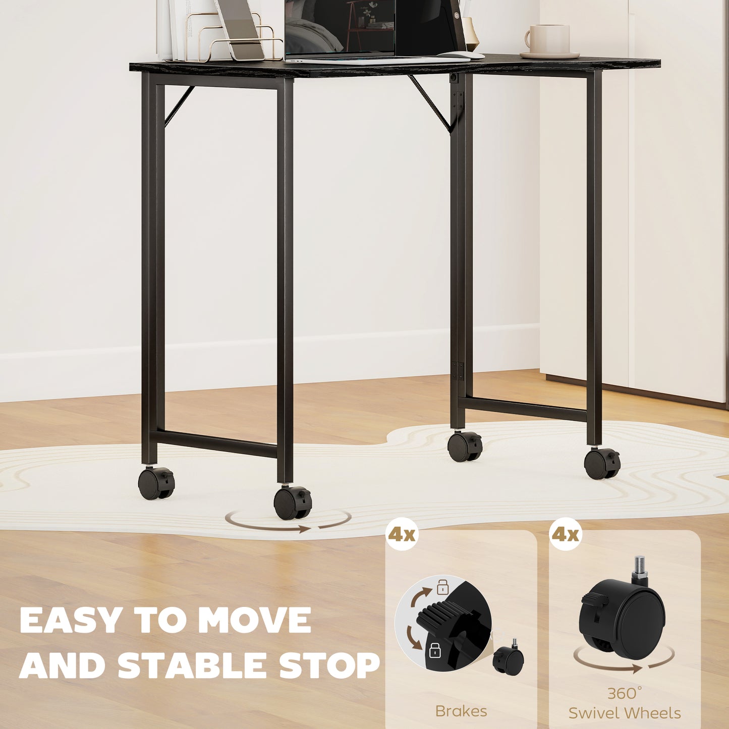 HOMCOM Folding Small Desk on Wheels - Black Wood Effect
