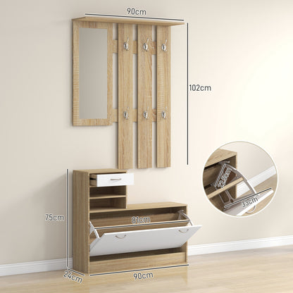 HOMCOM Three-in-One Hallway Storage Set - Natural Wood Finish/White