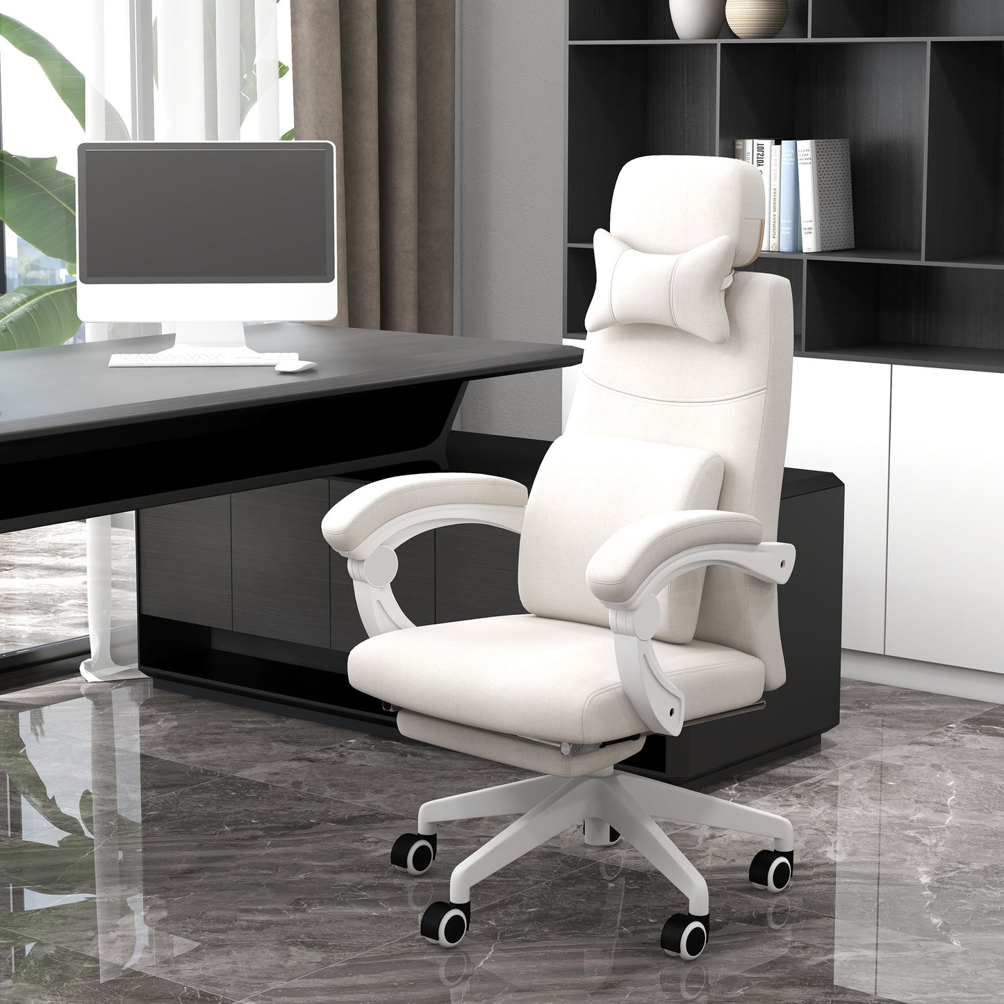 Vinsetto Linen-Look Office Chair, with 160  Reclining Back and Footrest - White