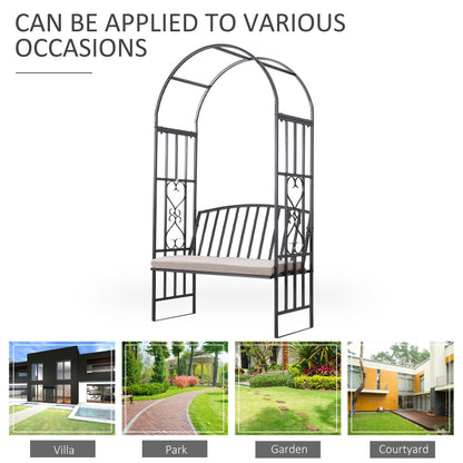 114x 60 x 206 cm Outsunny Garden Metal Arch Bench, Outdoor Furniture Chair with Cushion Outdoor Patio Rose Trellis Arbour Pergola, for Climbing Plant