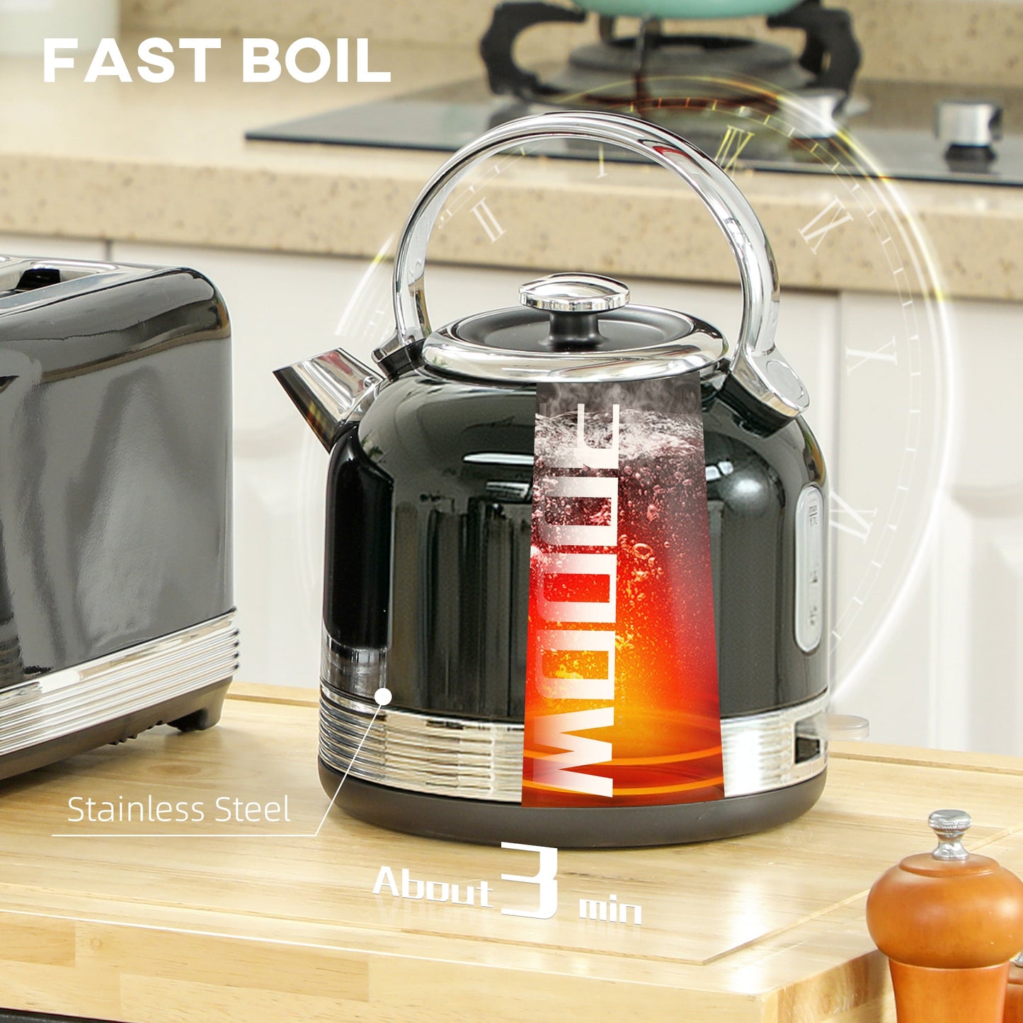 HOMCOM Polished Stainless Steel Kettle and Toaster Set - Black