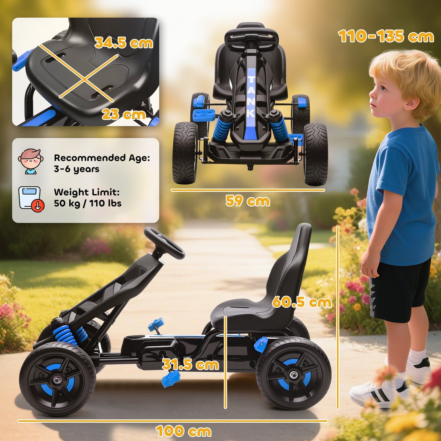AIYAPLAY Pedal Go Kart for Kids Aged 3-6 Years, with Freewheel System, Brake, EVA Anti-Slip Wheels, Blue