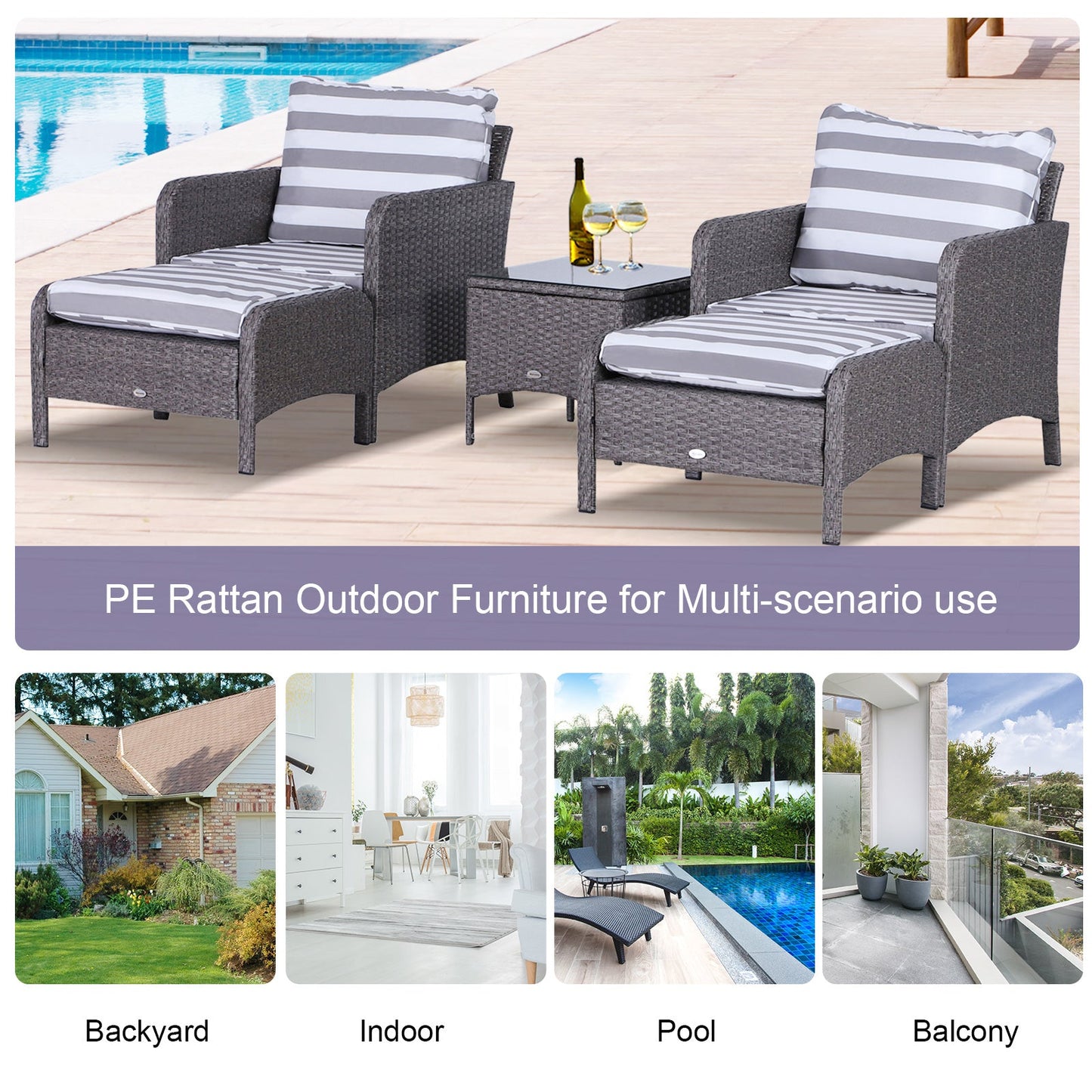 Outsunny 5 Pieces PE Rattan Garden Furniture Set with 10cm Thick Padded Cushions, Wicker Weave Outdoor Seating Chairs with 2 Armchairs, 2 Stools, Glass Top Table, Dark Grey