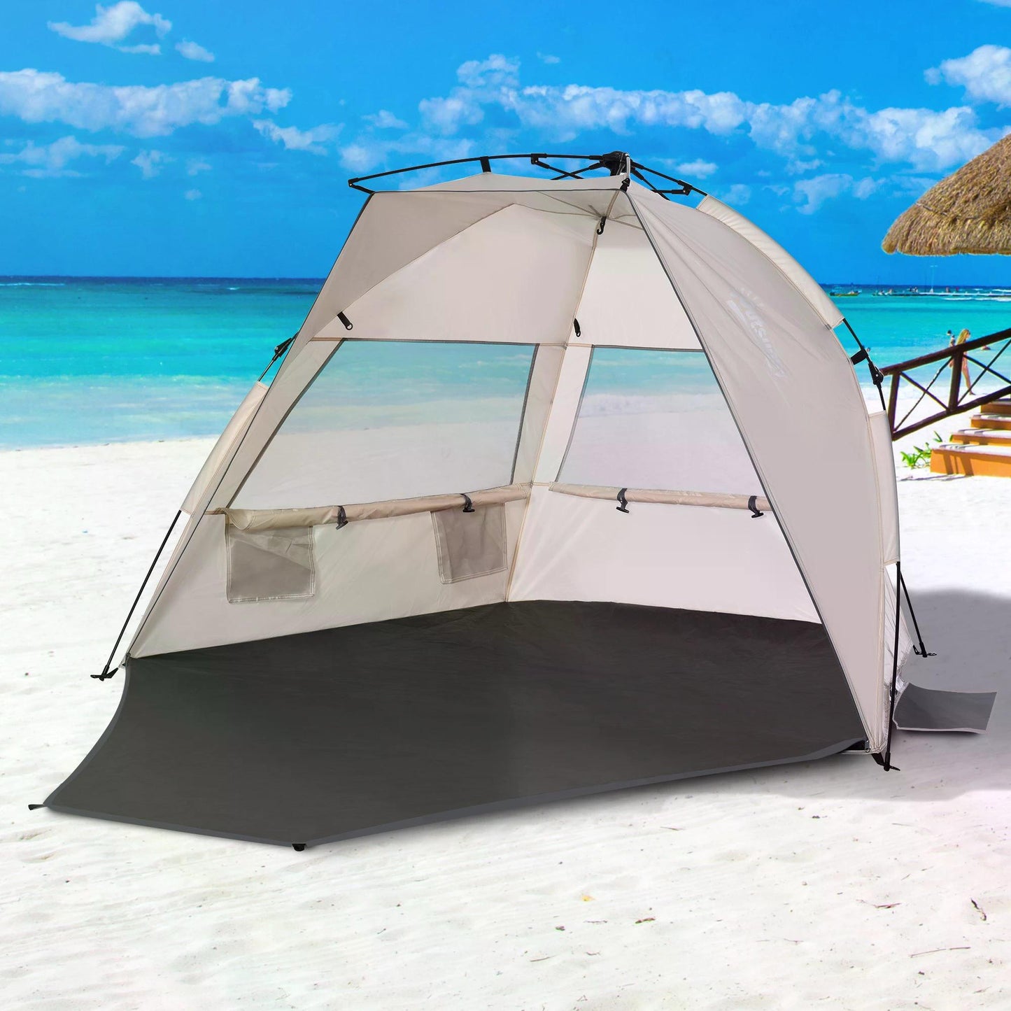 Outsunny Beach Tent for 1-2 Person Pop-up Design with 3 Mesh Windows & Carrying Bag Cream