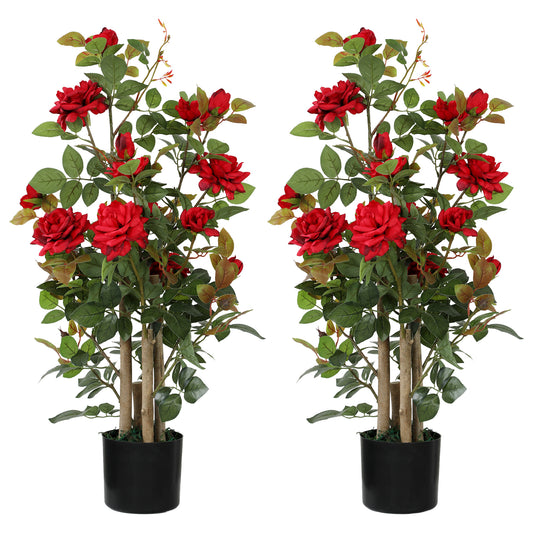 HOMCOM 90cm Artificial Rose Tree Set of 2, Decorative Fake Plant with 344 Silk Leaves 17 Flowers for Outdoor Indoor Decor, Red