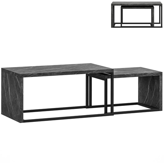 HOMCOM Coffee Tables Set of 2, Industrial Nest of Tables with Metal Frame for Living Room Bedroom, Dark Grey Marble Effect