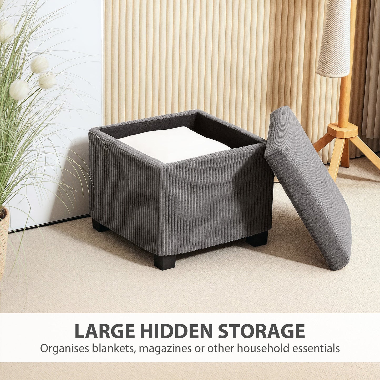 HOMCOM Storage Ottoman Bench, Corduroy Footstool with Removable Lid and Legs, 40cm Storage Chest Box for Living Room, Bedroom, Hallway, Grey