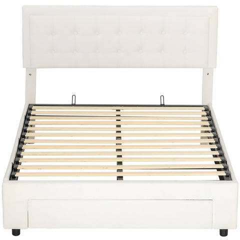 HOMCOM Double Ottoman Bed Frame, with Front Drawer - Cream