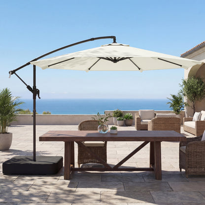 Outsunny 3 m Garden Cantilever Parasol with Cross Base, Sandbag, 360° Rotating Overhanging Banana Umbrella, Cream White