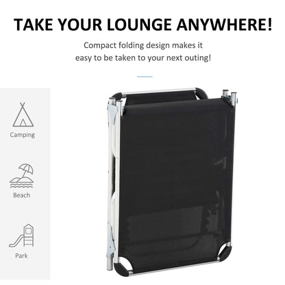 Outsunny Foldable Outdoor Sun Loungers Set of 2, Reclining Lounge Chair Camping Bed Cot with Pillow 4-Level Adjustable Back Aluminium Frame, Black