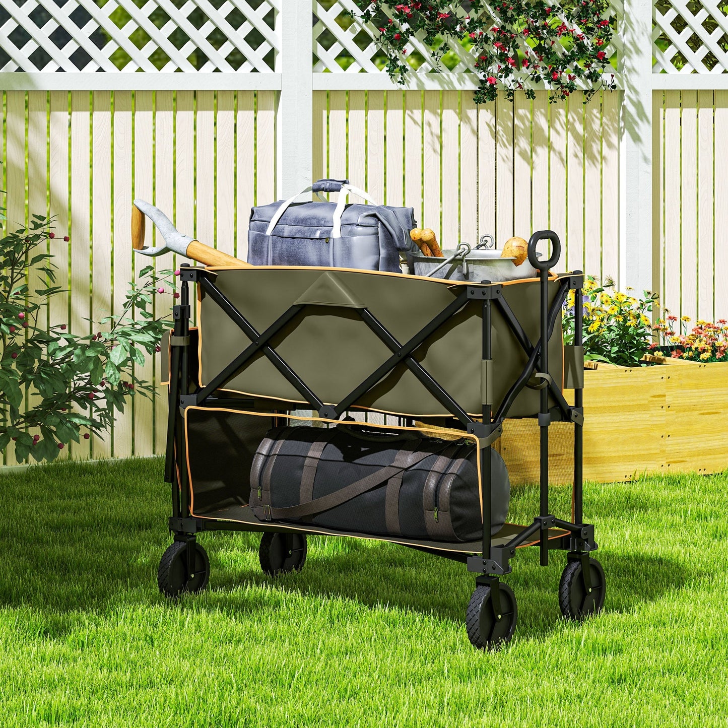Outsunny Double Decker Folding Festival Trolley on Wheels, 200KG & 350L Capacity Collapsible Wagon Festival Trolley Cart with 134cm Extended for Camping Sports Shopping Garden and Beach, Grey