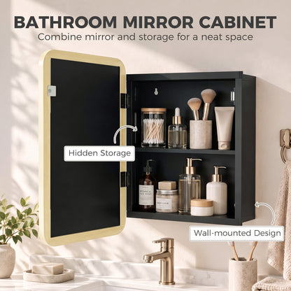 HOMCOM Bathroom Medicine Mirror Cabinet, Bathroom Wall Cabinet w/ Storage, Magnetic Door, Adjustable Shelf, Natural Wood Finish