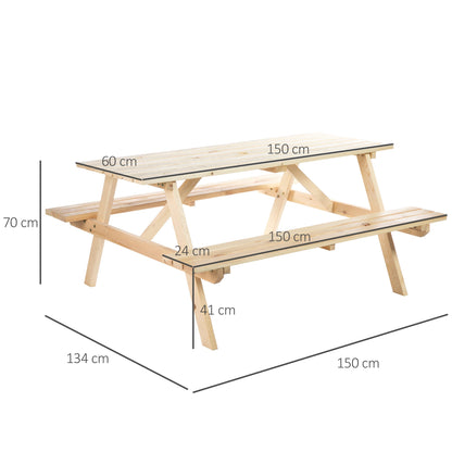 Outsunny 6 Seater Wooden Picnic Table Bench for Outdoor Garden or Patio with Parasol Cutout 150 cm Natural Wood Finish